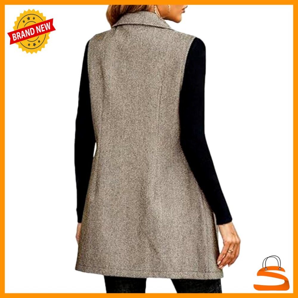 Sleeveless Tweed Vest Longline Blazer Jacket Chic Minimal Casual Outerwear - Picture 2 of 5